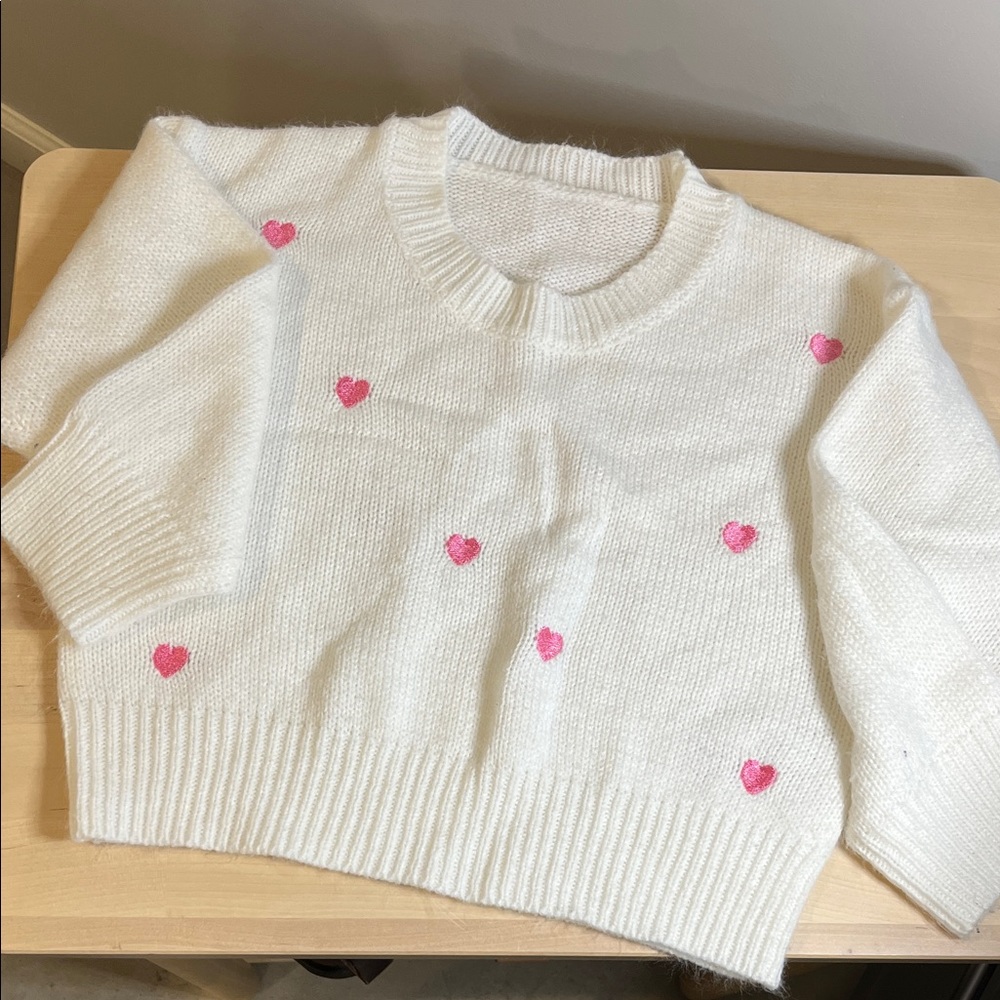 White Sweater with Pink Heart Accents